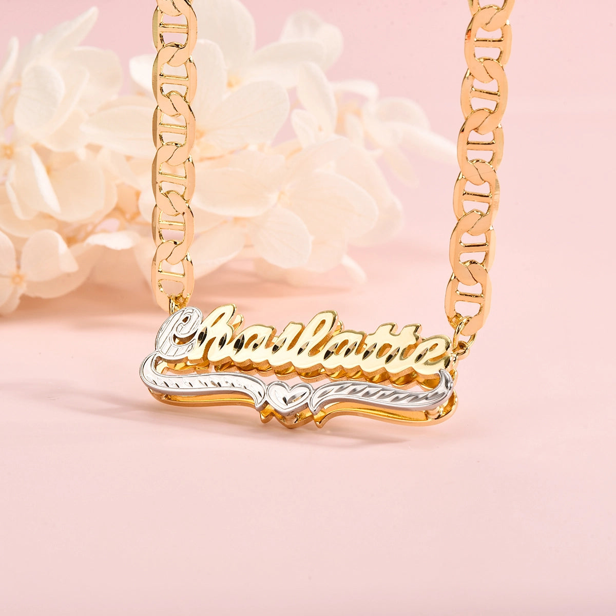 Double tone Gucci link 3d Stainless steel custom set name chain and bracelet