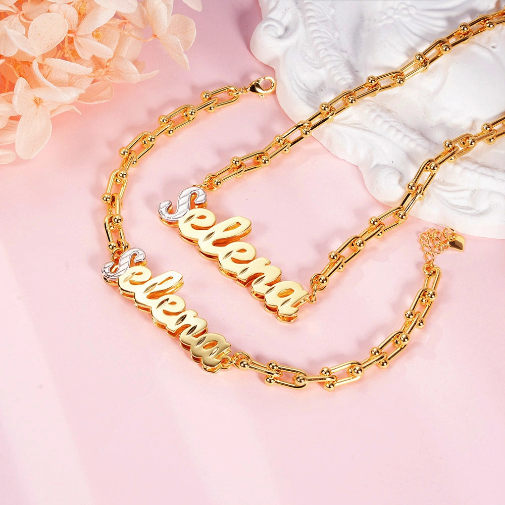 Double tone paper clip 3d Stainless steel custom set name chain and bracelet