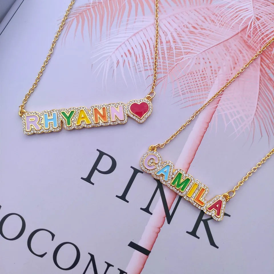 Rainbow Cz name plate necklace