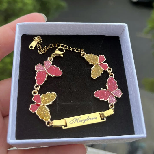 Colorful butterfly name plate bracelet
