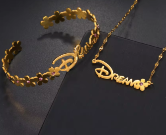 Personalized stainless flower name necklace and bracelet set