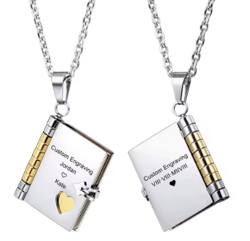 love story custom engrave book necklace stainless steel