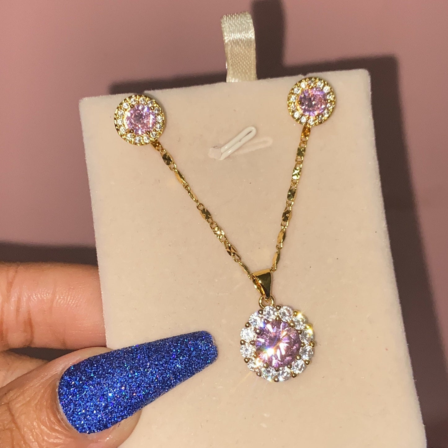 Pink cz necklace and earring set
