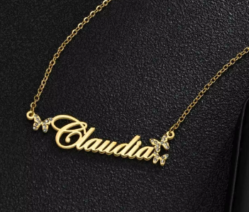 Butterfly cubic zirconia name plate necklace stainless steel