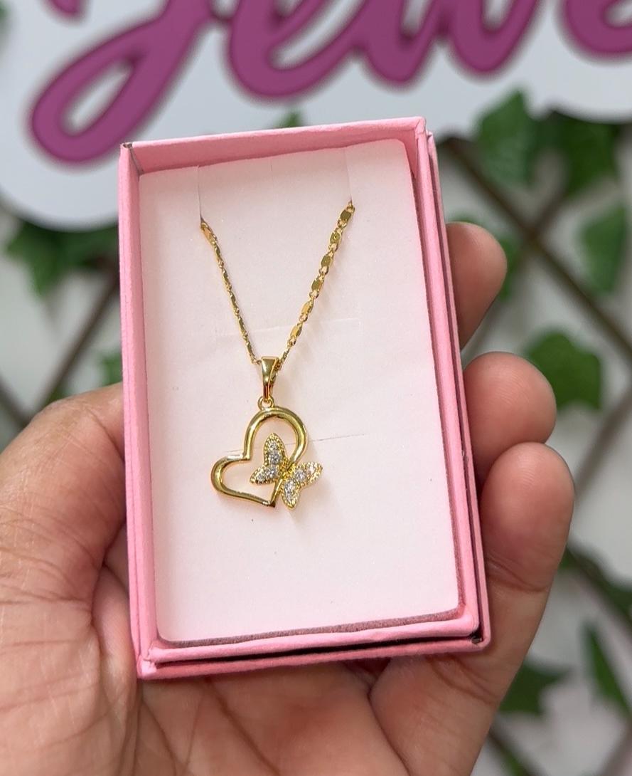 Gold cz heart with butterfly necklace