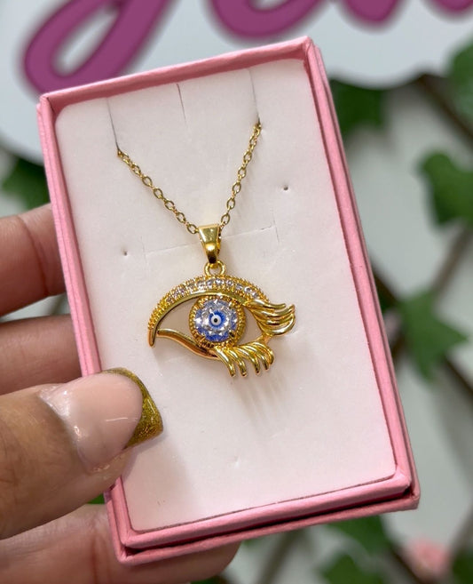 Gold Cz Evil Eye with Dimonds Necklace