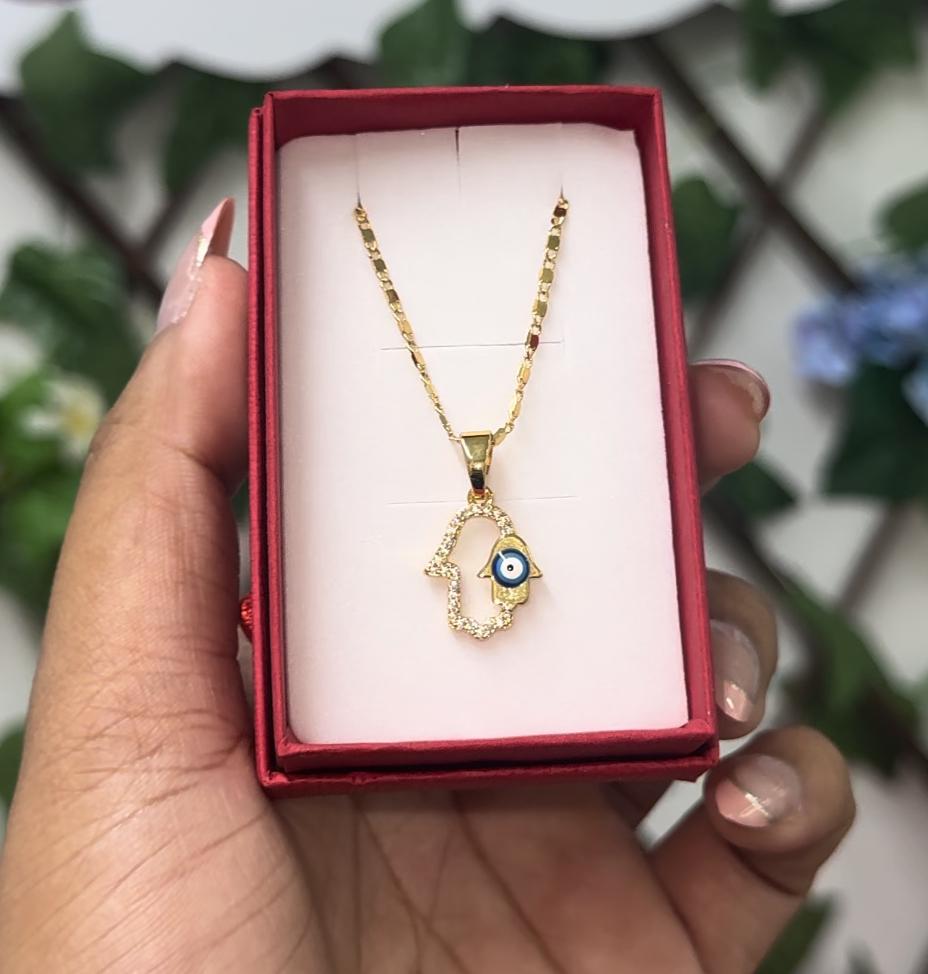 Gold cz hamsa han necklace