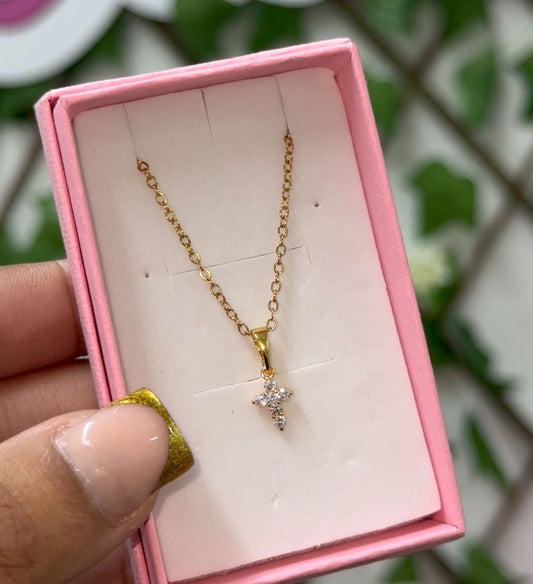 Gold Cz Mini Cross with Dimond Necklace