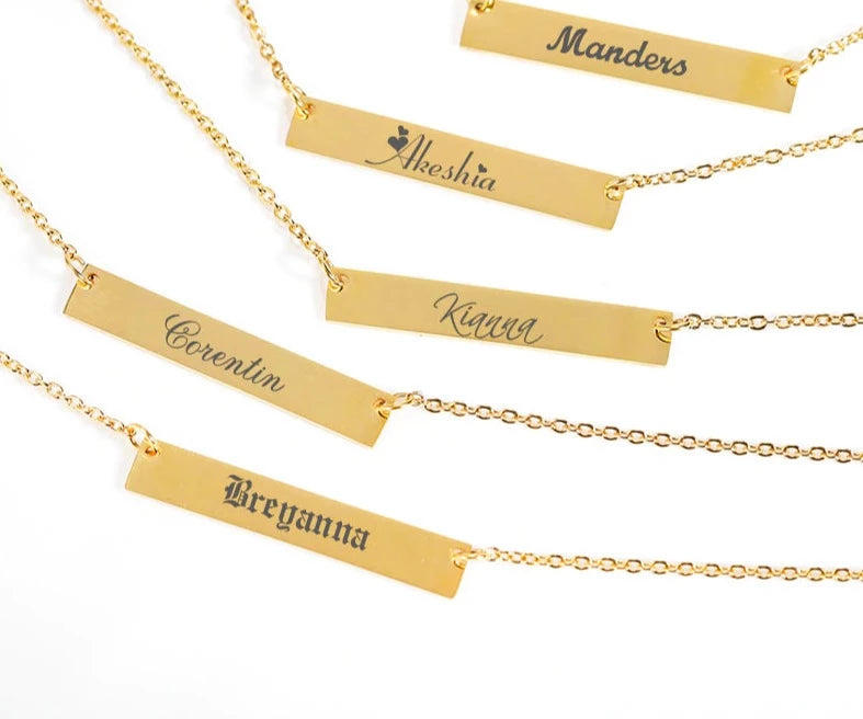 Gold plated stainless steel bar name necklace