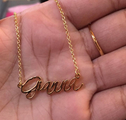 gold plated stainless steel scripted name chain
